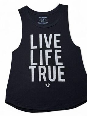 True Religion Black Tank with Silver Crystal 'LIVE LIFE TRUE' Text